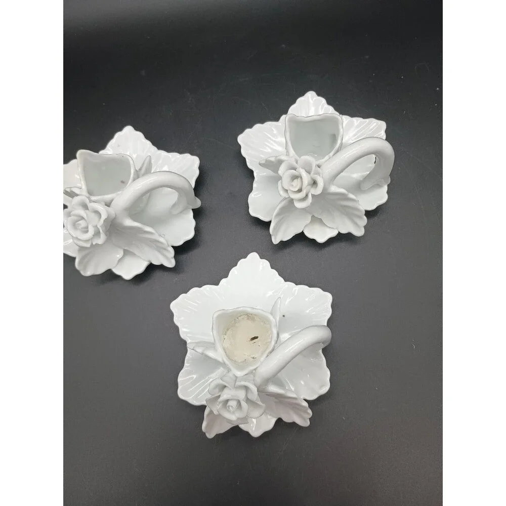 Trio Of White Rose Candle holders Handle Capodimonte Taper Delicate Damaged